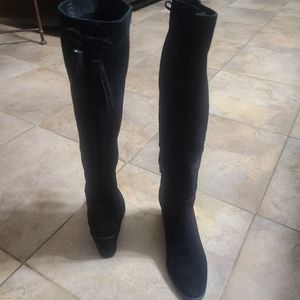 Stunning Black Suede Knee High Wedge Heel Boots.
